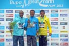 From left to right: 2nd Mo Farah, winner Kenenisa Bekele and 3rd Haile Gebrselassie lin the BUPA Great North Run.